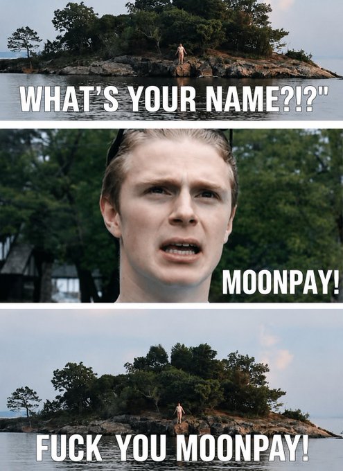 A meme using scenes from 'The Holy Mountain' with text 'WHAT'S YOUR NAME?!?' / 'MOONPAY!' / 'FUCK YOU MOONPAY!'.