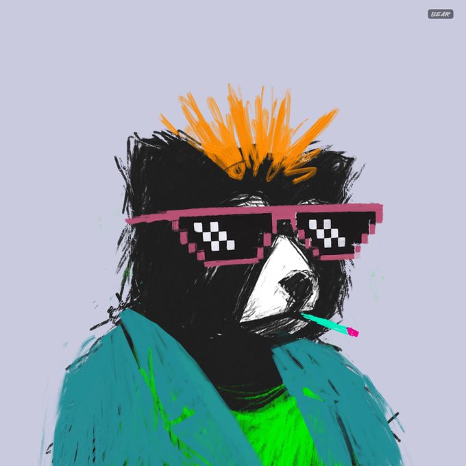 A digital illustration of a black bear with an orange mohawk, pixelated "deal with it" sunglasses, a cigarette, and a teal jacket appears in the image, with "BEAR" visible in the top right corner. The stylized, meme-like bear character doesn't directly depict the post's content about FarmerUnionXRPL and HBAR holders, but serves as an eye-catching, cool avatar-style graphic accompanying the welcoming message.