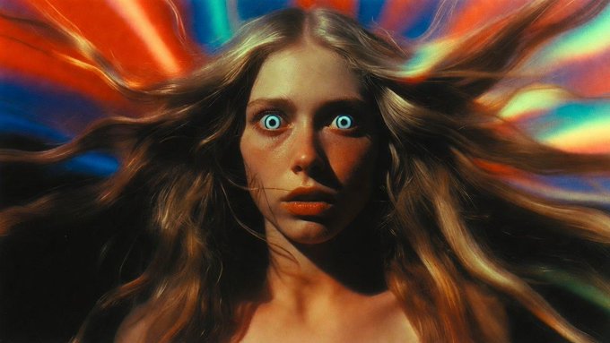A surreal digital portrait of a woman with long flowing blonde hair, striking blue eyes, and glowing, iridescent multicolored streaks radiating from her head against a dark background.