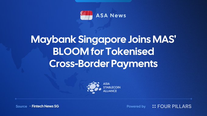 An ASA News graphic from Asia Stablecoin Alliance (powered by Four Pillars, source: Fintech News SG) announces that "Maybank Singapore Joins MAS' BLOOM for Tokenised Cross-Border Payments," highlighting Maybank's participation in the Monetary Authority of Singapore's BLOOM initiative launched on 16 October 2025 to expand tokenised, multi-currency cross-border settlement capabilities for financial institutions.