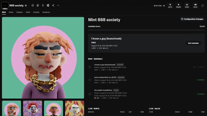 Screenshot of an NFT minting page titled "888 society" showing a 3D cartoon avatar with a gold chain, along with mint schedule details listing items like "i know a guy (team/noods)" and prices in ETH.