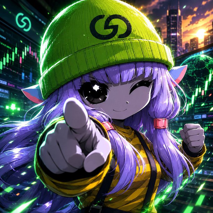 The image features a girl with purple hair wearing a green beanie, pointing her finger towards the camera as if she's giving an opinion or making a statement about finance. The background of the image shows a city skyline at night, which adds depth and context to the scene. The caption above the image reads "For decades, finance has forced your money to choose Earn or trade Access or liquidity Ownership or convenience @grvt_io is tearing down those walls Yield while trading Institutional products from $1 Powered by @zksync Why should your money sit still?".