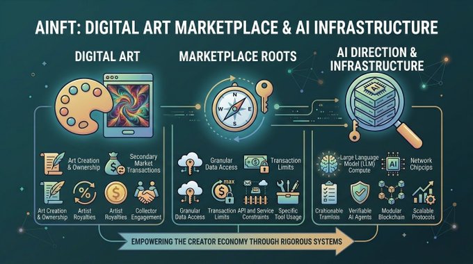 An infographic titled 'AINFT: DIGITAL ART MARKETPLACE & AI INFRASTRUCTURE' showing three sections: Digital Art, Marketplace Roots, and AI Direction & Infrastructure.