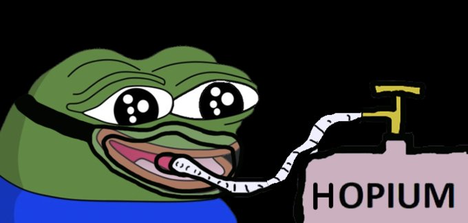 The 'Hopium' Pepe the Frog meme, showing the green cartoon frog with a wide smile inhaling from a tube attached to a tank labeled 'HOPIUM'.