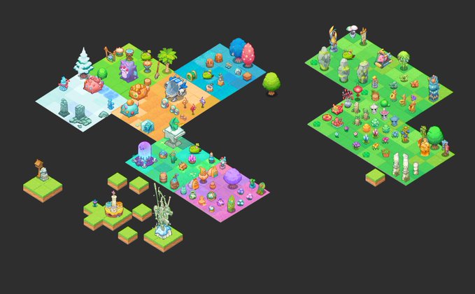 A colorful isometric 3D grid-based game map featuring various fantasy terrains—including ice, forest, desert, and magic biomes—populated with small characters, crystals, and decorative elements, representing the Land items coming to Axie Terrariums on July 22nd.