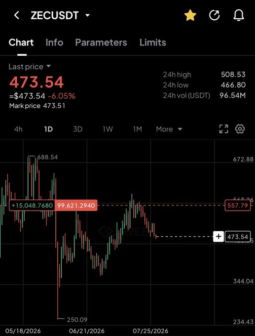 A Binance chart for **ZECUSDT** shows the last price at **473.54 USDT**, down **6.05%** in the past 24 hours (high 508.53, low 466.80, 24h vol 96.54M), with a 1D candle chart depicting a sharp drop from a peak of 688.54 to a low of 250.09. The caption illustrates the poster's bearish thesis on Zcash (ZEC), showing the price rejecting highs and breaking down—aligning with their plan to short while others were FOMOing.