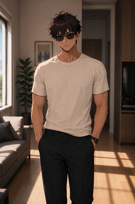 An anime-style illustration shows a muscular man with dark hair and sunglasses, wearing a white t-shirt and black trousers, standing in a modern living room.