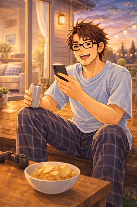 An anime-style illustration shows a smiling young man with glasses sitting on a porch at dusk, looking at a smartphone while holding a can, with a bowl of chips on the table.