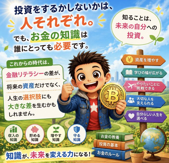 A Japanese financial literacy promotional image featuring an anime-style boy holding a Bitcoin coin, with text emphasizing that 'each person has their own way to invest' and that financial knowledge is needed by everyone.