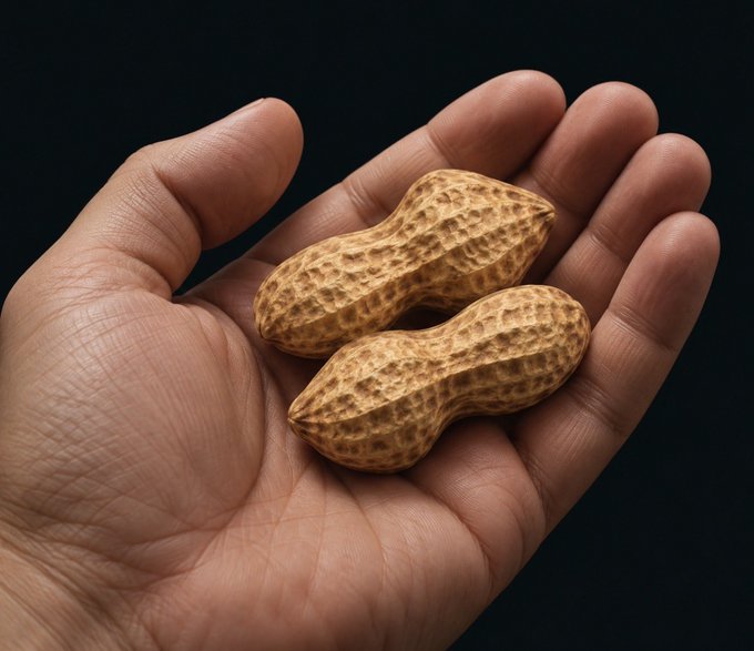 A close-up photograph of a hand holding two whole peanuts in their shells against a black background.