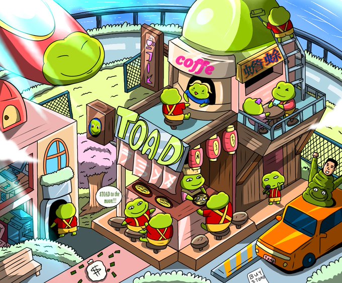 A colorful cartoon illustration depicting a bustling frog-themed village with a 'TOAD' shop, 'coffe' stand, sushi bar, and various frog characters working and dining.