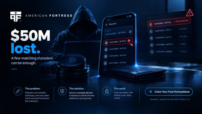 American Fortress advertisement showing '$50M lost' due to crypto address typos, featuring a hooded figure, phones displaying wallet addresses, and a CTA to 'Claim Your Free FortressName' at names.americanfortress.io.
