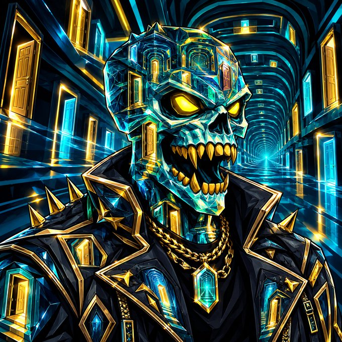 A digital artwork of a menacing crystalline skull with glowing yellow eyes and fangs, wearing a spiked black and gold jacket with a medallion, set in a futuristic corridor of glowing blue and gold doors.