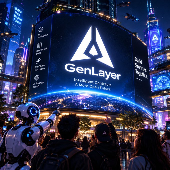 A futuristic cyberpunk-style cityscape features a massive billboard displaying the "GenLayer" logo with the tagline "Intelligent Contracts. A More Open Future." alongside features like "AI Verification," "Real-World Data," "On-Chain Decisions," and "A Smarter Web3," while a robot and people look up at it.