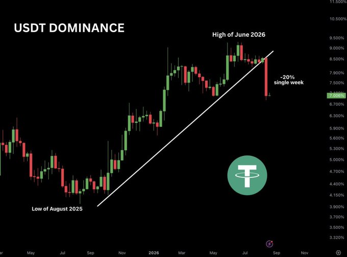 Financial chart titled 'USDT DOMINANCE' showing a candlestick graph with annotations for 'Low of August 2025' and 'High of June 2026,' noting a -20% single week drop, with the Tether (T) logo.