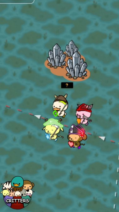 Screenshot from the game 'Critters' showing a pixel art map with several cartoon animal characters walking toward a cluster of rocks marked with a question mark.