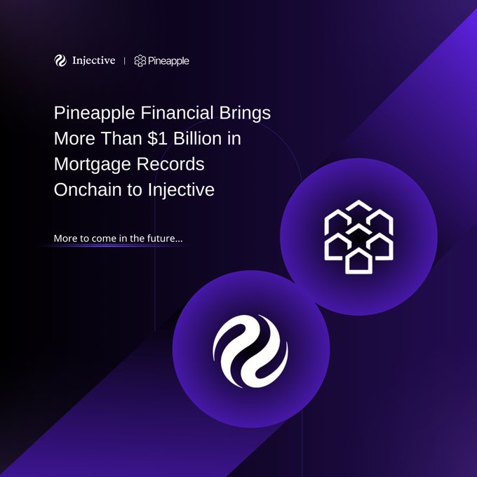 A promotional graphic announcing 'Pineapple Financial Brings More Than $1 Billion in Mortgage Records Onchain to Injective', featuring the Injective and Pineapple logos on a purple background.