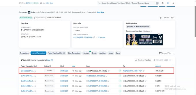 A screenshot of Etherscan showing the address 0x1Edf1c33b...69D3E2 (DYORSWAPDEX) with an ETH balance of $3,452.10 (9.28 ETH) and a recent internal transaction highlighted in red transferring 766.25 ETH out 10 minutes ago, supporting the claim that the contract forwarded out 766 ETH.