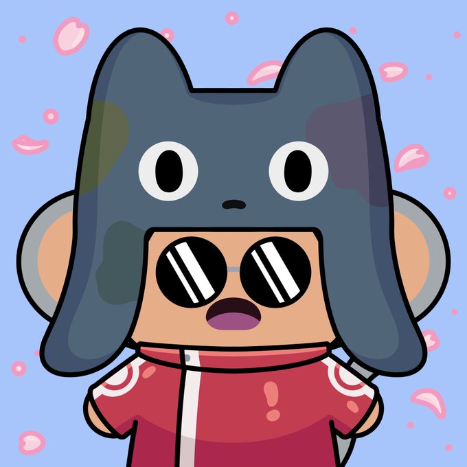 A cartoon illustration of a character wearing a dark blue animal-eared hood, round sunglasses, and a red shirt, set against a light blue background with pink petals.