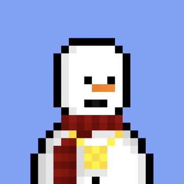 A pixel art illustration of a snowman wearing a red and white striped scarf against a blue background.
