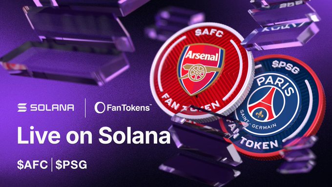 The image features a purple background with two soccer balls, one red and one blue, positioned at different heights above the text "Live on Solana". The text below the soccer balls reads "BREAKING: Official Fan Tokens™ of $AFC and $PSG are now live on Solana via @FanTokens. This launch comes 4 days before the two clubs meet for the European Final, watched by more than 400 million people globally."