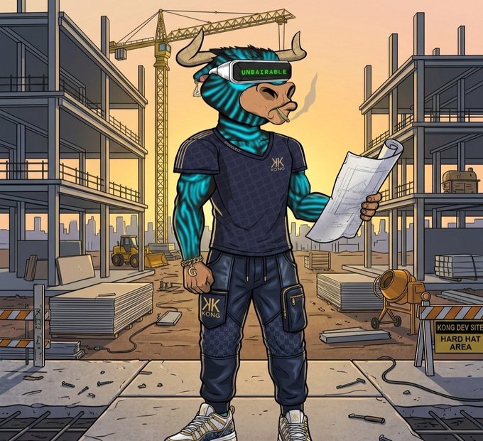 The image features a cartoon bull character standing next to construction equipment, holding a piece of paper or blueprints while wearing a hard hat and safety vest. The text "Gm to the builders" suggests that the bull might be involved in some sort of construction project or is providing guidance for the workers.