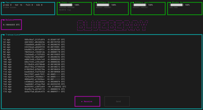A dark-themed cryptocurrency wallet dashboard with the ASCII-style "BLUEBERRY" title, displaying a BTC balance of approximately 0.10046035, a transactions list with timestamps and amounts, and buttons for "Receive" and "Send."