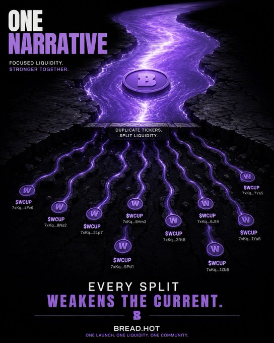 A promotional graphic for 'ONE NARRATIVE' featuring 'BREAD.HOT' with text 'FOCUSED LIQUIDITY. STRONGER TOGETHER.' and 'EVERY SPLIT WEAKENS THE CURRENT.' showing multiple $WCUP ticker splits.