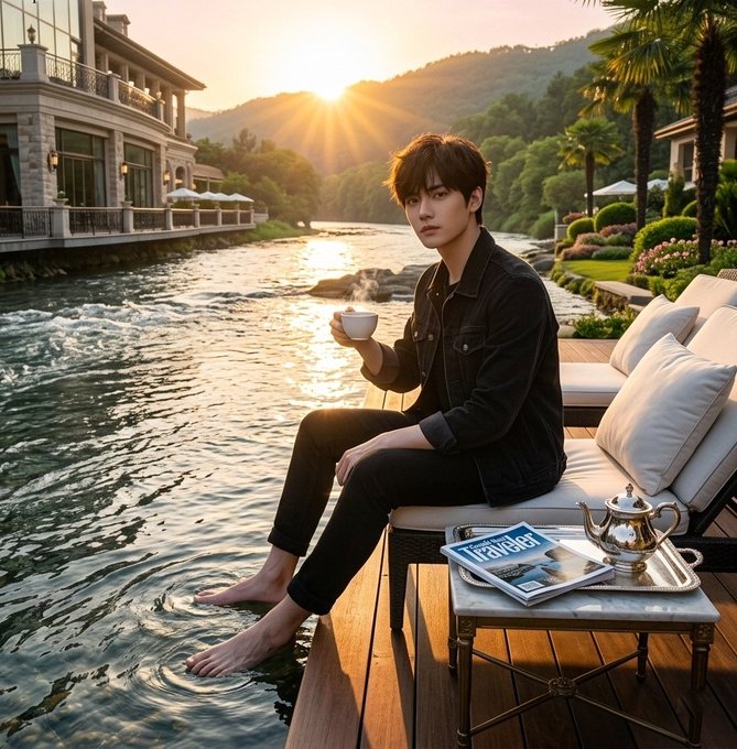 A young man in a dark denim jacket sits on an outdoor lounge chair beside a stream at sunset, holding a cup of coffee with his bare feet in the water, with a Condé Nast Traveler magazine and a silver teapot on a table beside him.