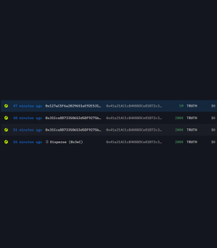The image shows on-chain analytics for the $TRUMP token, displaying four transactions where large quantities of $TRUMP tokens (amounts shown include 2.9, 4.8, 9.9, and 9.5 billion tokens) were created with the same contract address "0x21A241Ac870096814D0FB73b..." and marked with the name "TRUMP" 5 minutes prior to viewing.