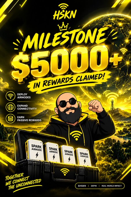 A promotional graphic for HSKN announces a milestone of over $5000 in rewards claimed, featuring an illustrated character, Spark Airnode devices, and text highlighting deploying airnodes, expanding connectivity, and earning passive rewards.