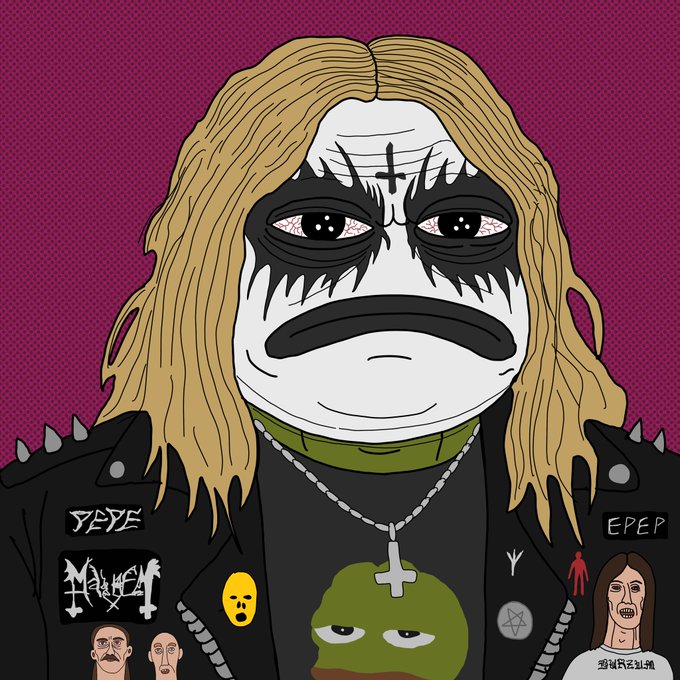 A cartoon illustration of a black metal musician with long blonde hair, corpse paint face makeup featuring an inverted cross, spiked leather jacket with patches reading 'DEYE', 'MARDUK', and 'EPER', and a Pepe the Frog patch.