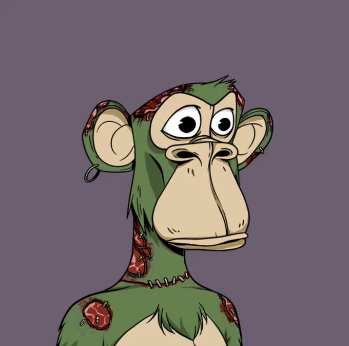 A cartoon monkey NFT avatar with stitched wounds and earring accessories appears against a purple background, representing the user's current profile picture as they consider switching to a real-life profile picture for the first time. The image illustrates the NFT collection they've been using, which they're now weighing against an IRL photo for their X (formerly Twitter) profile.