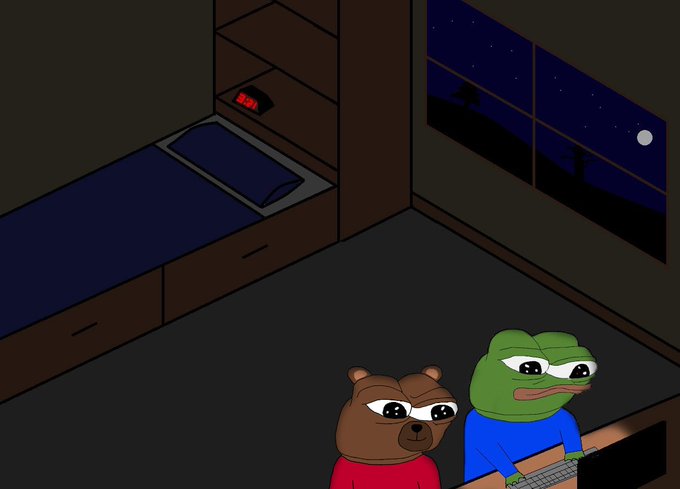 A cartoon scene of a bedroom at night with a bed and digital clock, while a brown bear and green frog character with large eyes look up from the foreground.