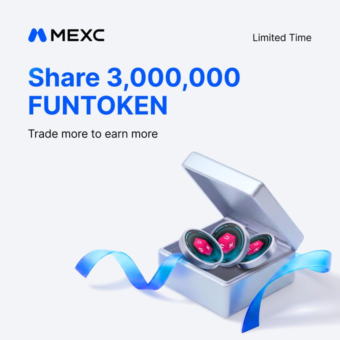 A promotional graphic for MEXC exchange featuring the MEXC logo and the headline "Share 3,000,000 FUNTOKEN" with the tagline "Trade more to earn more" and "Limited Time" label, accompanied by an image of an open silver gift box containing pink and teal FUN tokens wrapped in a blue ribbon, illustrating the FUNTOKEN Fest campaign where traders can win a share of 3,000,000 $FUNTOKEN tokens.