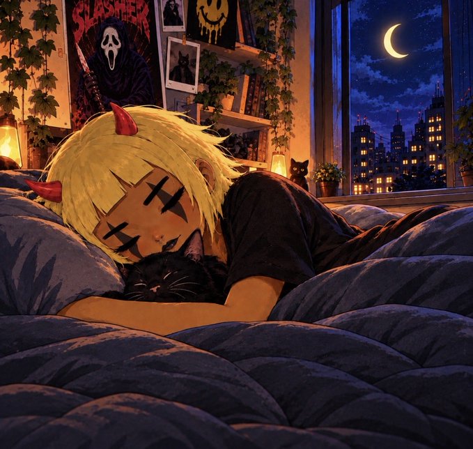 Anime-style illustration of a blonde girl with small red horns sleeping peacefully next to a black cat, with a Scream movie poster and a moonlit city skyline in the background.