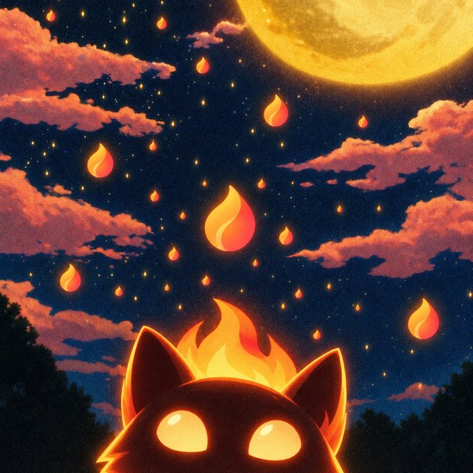 A stylized illustration shows a silhouetted cat with glowing yellow eyes and flame-like fur, looking up at a night sky filled with floating orange fire droplets and a large yellow moon.