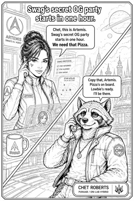 A black-and-white comic panel split diagonally, featuring a woman named Artemis in an office and an anthropomorphic dog character named Chet Roberts (Punaab/Oni Lab Hybrid) on a phone call, with dialogue about 'Swag's secret OG party' starting in one hour and needing pizza.