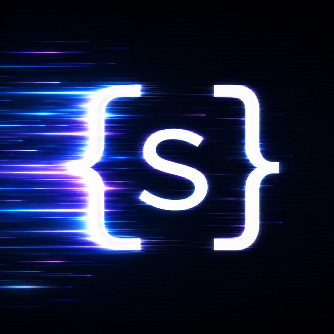A glowing white 's' inside curly braces {s} appears on a black background with blue and purple horizontal light streaks.