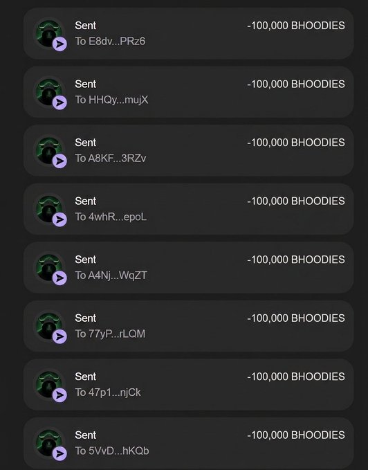 This image shows multiple transactions of -100,000 $BHOODIES being sent to various wallet addresses, visually supplementing the post's announcement of an airdrop and claiming free tokens.