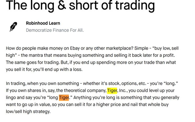 A Robinhood Learn article titled 'The long & short of trading' explains basic trading concepts including buying low and selling high, and what it means to be 'long' on a stock like Tiger, Inc.