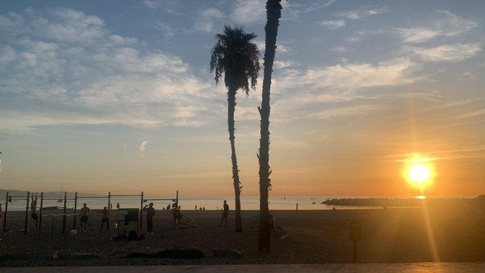 A sunset illuminates a beach scene where people are playing volleyball near palm trees and a net.