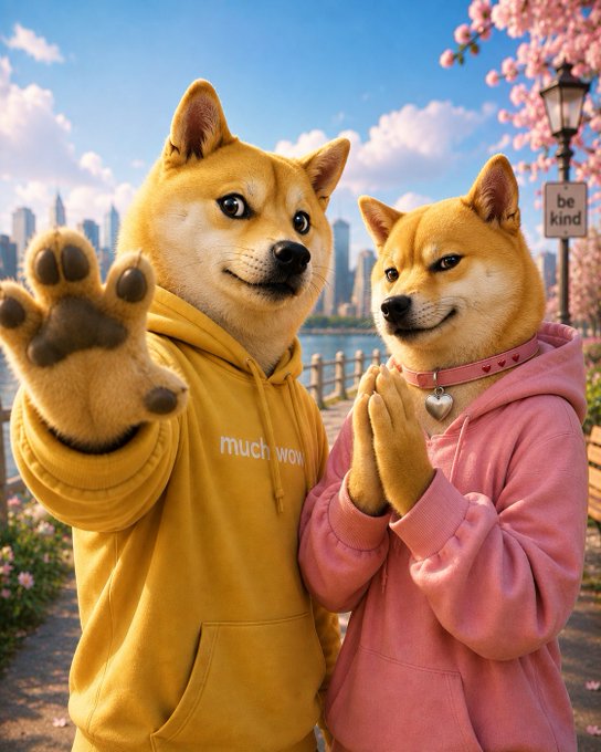 Two anthropomorphic Shiba Inu dogs in hoodies standing by a waterfront with a city skyline; one wears yellow 'much wow' hoodie and waves, the other wears pink with heart collar, with a 'be kind' sign on a lamppost.
