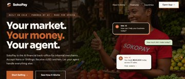 The image displays a screenshot of the website "sokopay", which appears to be an app used for money transfers within informal markets across Africa, particularly in Ghana. The background includes text that reads: "Your market, your money, your agent." This suggests that the app provides services related to financial transactions and merchant management for users who engage on the platform.