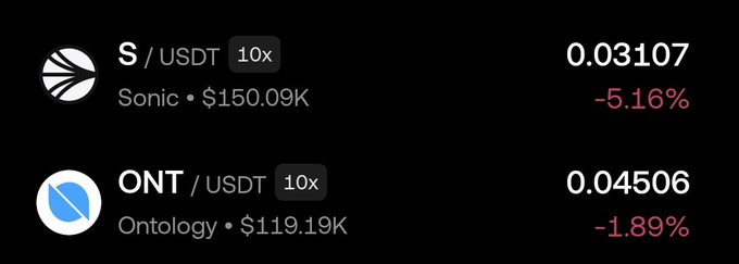 The image shows a computer screen displaying two sets of data related to cryptocurrency trading. On the left side, there are three symbols for different cryptocurrencies along with their respective prices in US dollars: the top symbol represents Sonic, which costs $1.10, followed by an icon representing the currency "ONT" at $0.09, and then a fourth symbol for "USDT" at $1.00. The second side of the screen shows two lines of text with the first line stating that the money from the cryptocurrency trading is now being invested in Sonic, while the second line indicates that it's being invested in USDT.