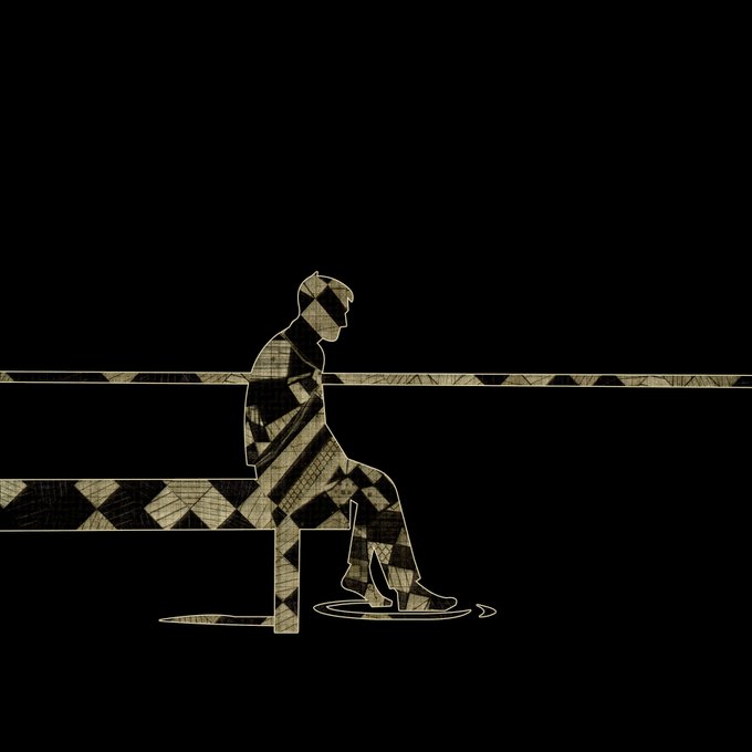 An artistic digital illustration of a silhouetted figure sitting on a bench against a black background, with the figure and bench filled with patterned textures in beige and black tones.