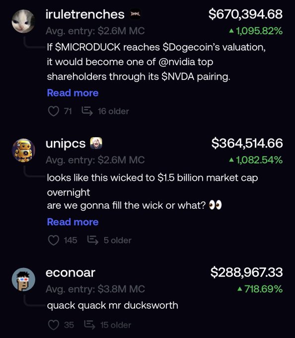 A screenshot showing profitable trading positions from a meme coin platform, including iruletrenches ($670,394.68, +1,095.82%), unipcs ($364,514.66, +1,082.54%), and econoar ($288,967.33, +718.69%), with comments discussing $MICRODUCK reaching Dogecoin's valuation and becoming a top $NVDA shareholder.