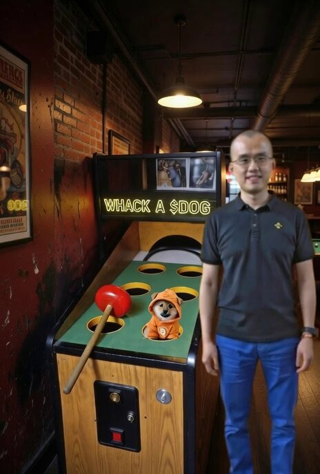 The image features a man standing next to an arcade game with a dog inside of it. The game has a sign that says "Wink A $DOG", which translates to "Let's win a dog". The man appears to be posing for a photo, and there is also a poster in the background. 

The image includes text elements such as "They can hit $DOG all they want, we're unstoppable, we always pop back up!", indicating that the game is designed to simulate the experience of winning a dog. The man's presence near the game adds a playful and humorous touch to the scene, suggesting that he might be participating in or enjoying this arcade game with his dog as part of the fun activity.