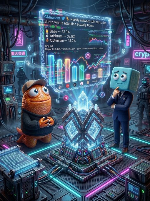 A holographic data dashboard displays the weekly network split (Base 37.3%, Arbitrum 32.0%, Optimism 15.2%, MegaETH 5.65%, Unichain 3.25%, Scroll 3.13%, others <2%) above a glowing crystalline machine, flanked by a cartoon orange creature and a blue cube-headed figure in a suit pondering the "GNeasant" attention flow analytics.