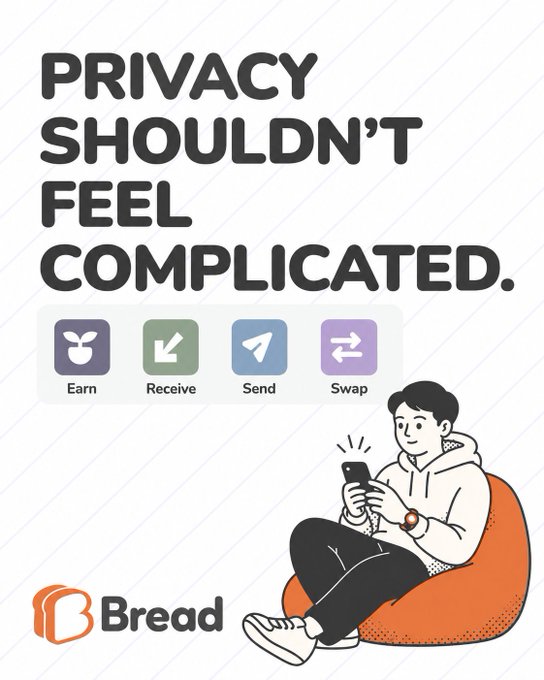 A promotional graphic with the text 'PRIVACY SHOULDN'T FEEL COMPLICATED.' above icons for Earn, Receive, Send, and Swap, featuring an illustration of a person sitting in a beanbag chair using a smartphone, branded with the 'Bread' logo.